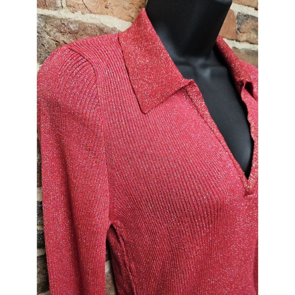 Maeve x Anthropologie V-Neck Lurex Polo Sweater Shiny Metallic Long Sleeve Sz L